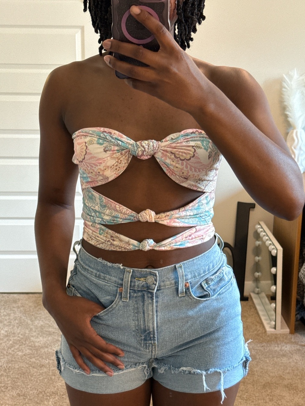 EGO Bandeau Cut Out Knot Front Detail Crop Top In Multi Paisley Print
